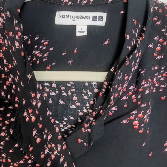 Ines de La Fressange Uniqlo Black Pink Flamingo Print Button Down Top Small - Picture 3 of 4